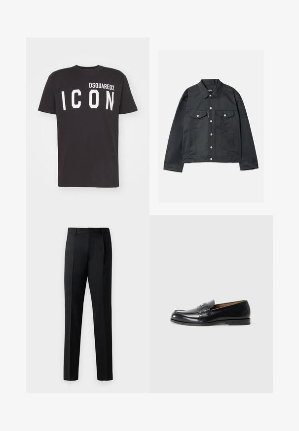 Crna traper jakna s gumbima sprijeda, dvije prednje džepove s preklopima, srebrnim dodacima i klasičnim ovratnikom. Glatka tekstura, skraćeni kroj.; Crni pamučni T-shirt s okruglim izrezom i kratkim rukavima, na prednjoj strani s natpisom "DSQUARED2 ICON" ispisanim podebljanim bijelim slovima.; Crne formalne hlače izrađene od glatkog materijala, s ravnim krojem, prednjim nabranjima i standardnim pojasom bez ukrasa.; Crne kožne mokasine s glatkom površinom, okruglim vrhom, dekorativnim šavovima i malim metalnim akcentom na prednjem dijelu.
