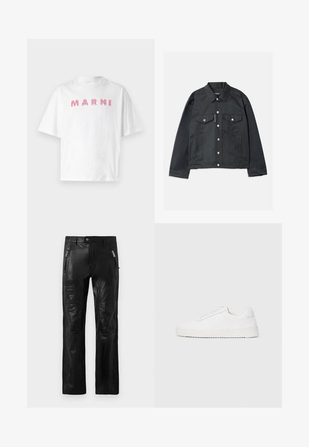 Juodas džinsinis švarkas su mygtukų užsegimu, dviem krūtinės kišenėmis su dangteliais, sidabro spalvos detalėmis ir klasikinio stiliaus apykakle. Lygus audinys, sutrumpintas siluetas.; Balta medvilnės marškinėliai su žodžiu „MARNI“, raudonos ir rožinės langelių rašto. Trumpomis rankovėmis ir laisvu siluetu.; Juodos odinės kelnės su priekiniu zip užtrauktuku, diržo kilpomis, siuvinėtais kelio paneliais ir išstumtais Ducati bei Dsquared2 prekės ženklo lopeliais ant šlaunies.; Balti sportbačiai su lygiu odiniu viršumi, apvaliu nosiu, raišteliais, tekstūruotomis šoninėmis detalėmis ir storu guminio pado. Minimalistinis dizainas.