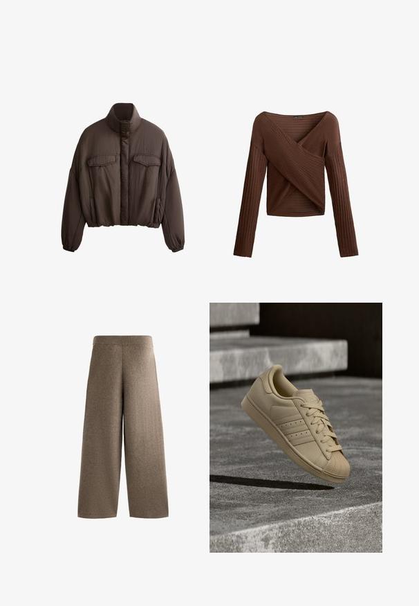 Bruine cropped jas met hoge kraag, textuurstof, twee voorkezen en elastische manchetten voor een strakke pasvorm. Schoon ontwerp met minimale accenten.; Bruine geribbelde top met lange mouwen, met een crossover V-hals ontwerp, textuurstof en een aansluitende pasvorm. Bevat lange mouwen en heeft een cropped lengte.; Wijdvallende broek gemaakt van zachte, bruine stof met een hoge elastische tailleband, met een gladde textuur en zonder zichtbare hardware of patronen.; Beige sneaker met een bovenwerk van glad leer, vetersluiting, gestructureerde neuskap en drie gestreepte accenten. Geplaatst tegen een minimalistische betonachtergrond.