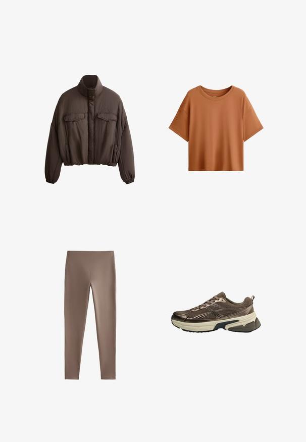 Rjava krajšana jakna z visokim ovratnikom, teksturirano blago, dvema sprednjima žepoma in elastičnimi manžetami za tesno prileganje. Čista zasnova z minimalnimi dodatki.; Majica s kratkimi rokavi v kvadratnem kroju v rjavi barvi. Narejena iz gladkega materiala z širokim izrezom in sproščenim krojem, s čistim robom.; Rjave legice iz raztegljive tkanine; oprijet kroj z gladko teksturo, srednje visok pas in brez vidnih žepov ali okrasnih elementov.; Brazni atletski čevlji z mrežastim zgornjim delom, kovinskimi dodatki, debelim belim podplatom in teksturiranim črnim podplatom. Imajo vezalke in zanko za pomoč pri obuvanju.