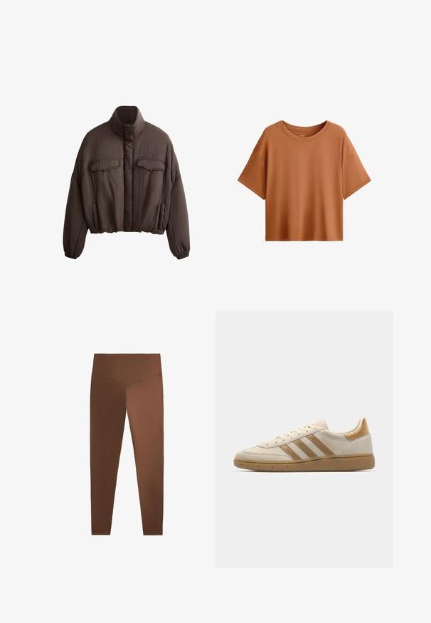 Giacca corta marrone con colletto alto, tessuto testurizzato, due tasche frontali e polsini elasticizzati per una vestibilità aderente. Design pulito con accenti minimi.; T-shirt a maniche corte, di forma boxy, in colore ruggine. Realizzato in tessuto morbido con un ampio scollo e vestibilità rilassata, con orlo pulito.; Leggings marroni con una superficie liscia, vita alta e gambe affusolate, realizzati in materiale elastico. Senza motivi né elementi hardware visibili.; Sneaker in suede beige con accenti marroni chiari. Presenta tre strisce marroni, suola in gomma testurizzata e design a punta arrotondata.
