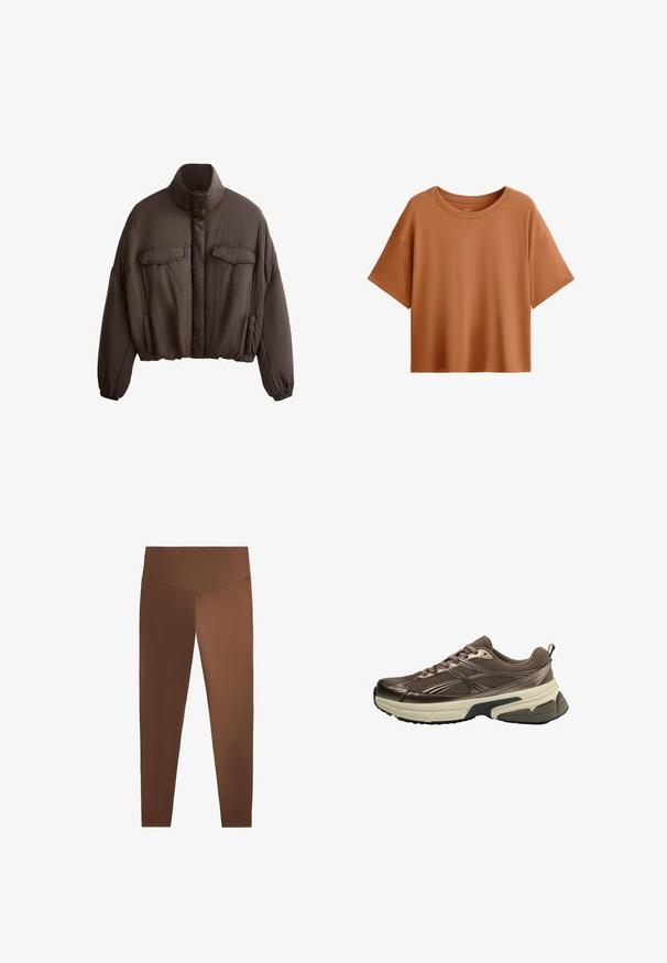 Jachetă scurtă maro cu guler înalt, dintr-un material texturat, două buzunare frontale și manșete elastice pentru o ajustare strânsă. Design curat cu accente minime.; Tricou cu mânecă scurtă, de tip boxy, într-o culoare ruginie. Fabricat dintr-un material neted, cu un decolteu larg și un croi lejer, având un tiv curat.; Leggings maronii cu o textură netedă, talie înaltă și picioare conice, realizate dintr-un material elastic. Fără modele sau hardware vizibil.; Pantofii sport maro au o parte superioară din plasă, accente metalice, o talpă intermediară groasă albă și o talpă texturată neagră. Dispun de șireturi și o bandă de prindere.