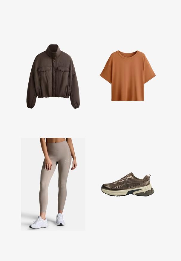 Brązowa krótka kurtka z wysokim kołnierzem, teksturowany materiał, dwie przednie kieszenie i elastyczne mankiety dla dopasowanego kroju. Czysty design z minimalnymi akcentami.; T-shirt z krótkim rękawem o pudełkowym kroju w kolorze rdzy. Wykonany z gładkiego materiału, z szerokim dekoltem i luźnym fasonem, z czystym wykończeniem. ; Beżowe legginsy z wysokim stanem, z żeberkowym pasem, gładką teksturą i subtelnymi detalami szycia. Połączone z białymi butami sportowymi.; Brąski but sportowy z siateczkową górą, metalicznymi akcentami, grubą białą podeszwą środkową i teksturowaną czarną podeszwą. Posiada sznurówki i uchwyt.