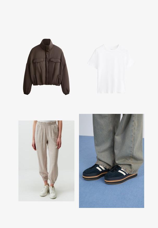 Braune cropped Jacke mit hohem Kragen, strukturiertem Stoff, zwei Fronttaschen und elastischen Bündchen für eine enge Passform. Reines Design mit minimalen Akzenten.; Weißes Baumwoll-T-Shirt, kurze Ärmel, runder Halsausschnitt, lockere Passform, glatte Textur, keine Muster oder Akzente, schlichtes Design, vielseitiger Stil.; Helle beigefarbene Hose mit elastischem Bund und gerafften Knöcheln, aus einem strukturierten Stoff, kombiniert mit weißen Sneakern.; Dunkelblaue Wildleder-Plattform-Sneaker mit weißen Streifen und schwarzen Schnürsenkeln. Mit einer dicken braunen Gummisohle ausgestattet. Tragen Sie sie mit hellblauen Jeans.