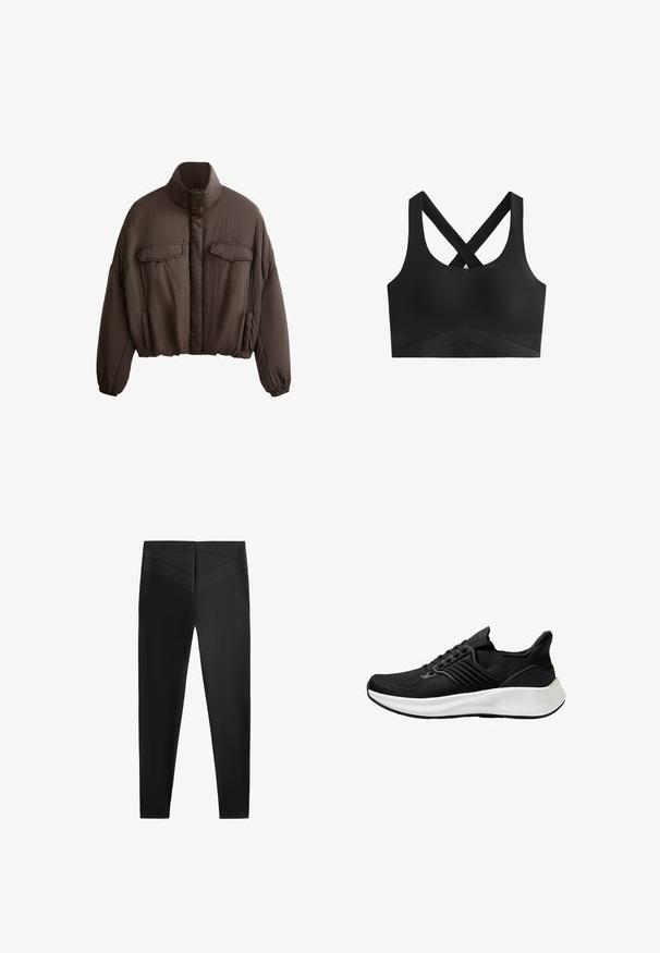 Ruskea lyhyt takki korkealla kauluksella, tekstuuripintainen kangas, kaksi etutaskua ja joustavat hihansuut tiheään istuvuutta varten. Siisti muotoilu, jossa on minimaalinen korostus.; Musta urheilu rintaliivit ristikkäisillä hihnoilla, sileällä pinnalla ja leveällä vyötäröbandilla, jonka alaosassa on viistokuvio.; Mustat urheiluleggingsit, joissa on sileä pinta, leveä vyötärö vyötä varten ja viistot tekstuurikuviot vyötärön lähellä lisäsuunnittelua varten.; Mustat urheilukengät, joissa on karhea kangaspinta, nauhakiinnitys ja valkoinen välipohja. Ominaisuuksia ovat matala profiili ja kaareva pohjamuotoilu.