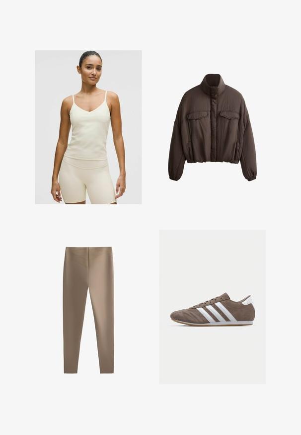 Braune cropped Jacke mit hohem Kragen, strukturiertem Stoff, zwei Fronttaschen und elastischen Bündchen für eine enge Passform. Reines Design mit minimalen Akzenten.; Hellbeige Sporttanktop mit dünnen Trägern, V-Ausschnitt und glattem Stoff. Kombiniert mit passenden, enganliegenden Shorts in derselben Farbe.; Braune Leggings mit glatter Textur, ausgestattet mit einem hohen Bund und schrägen Nahtdetails, die für eine enganliegende Passform sorgen.; Braune Wildleder-Sportschuhe mit weißen Streifen, runder Zehenform, Schnürdesign und Gummisohle. Strukturiertes Obermaterial mit Nahtdetails.