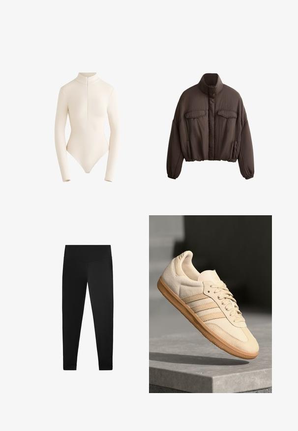 Barna röviddzseki magas gallérral, texturált anyagból, két elülső zsebbel és rugalmas mandzsettákkal a kényelmes illeszkedés érdekében. Tiszta kialakítás minimális díszítéssel.; Hosszú ujjú bodysuit világos bézs szövetből, magas gallérral és elöl cipzárral, sima, testhezálló kialakítással és alacsony kivágású hátrésszel.; Fekete leggings sima, rugalmas anyagból. Magas derék kialakítás, bokánál díszítéssel és látható minták vagy fémrészletek nélkül.; Világos bézs velúr sportcipő, gumitalppal, három átlós csíkkal és texturált orral. A díszítés a nyelven és az oldalon található.