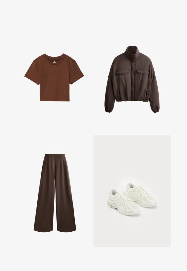 Jachetă scurtă maro cu guler înalt, dintr-un material texturat, două buzunare frontale și manșete elastice pentru o ajustare strânsă. Design curat cu accente minime.; Tricou maro cropped cu guler rotund, mâneci scurte și textură fină a țesăturii. Prezintă un branding minimal la nivelul gulerului.; Pantaloni largi de culoare maro închis, cu o textură netedă, talie înaltă și plisaje frontale pentru un detaliu de design suplimentar.; Pantofi sport albi confecționați din materiale din plasă și sintetice, design cu șireturi, guler căptușit și talpă texturată pentru aderență. Construcție ușoară.
