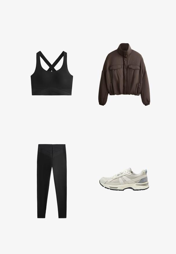 Ruskea lyhyt takki korkealla kauluksella, tekstuuripintainen kangas, kaksi etutaskua ja joustavat hihansuut tiheään istuvuutta varten. Siisti muotoilu, jossa on minimaalinen korostus.; Musta urheilu rintaliivit ristikkäisillä hihnoilla, sileällä pinnalla ja leveällä vyötäröbandilla, jonka alaosassa on viistokuvio.; Mustat urheiluleggingsit, joissa on sileä pinta, leveä vyötärö vyötä varten ja viistot tekstuurikuviot vyötärön lähellä lisäsuunnittelua varten.; Beigen värinen urheilukenkä, jossa on teksturoitu verkkopäällinen ja sileät yksityiskohdat. Varustettu pehmustetulla pohjalla, vahvistetulla kärjellä ja mustalla kumipohjalla.