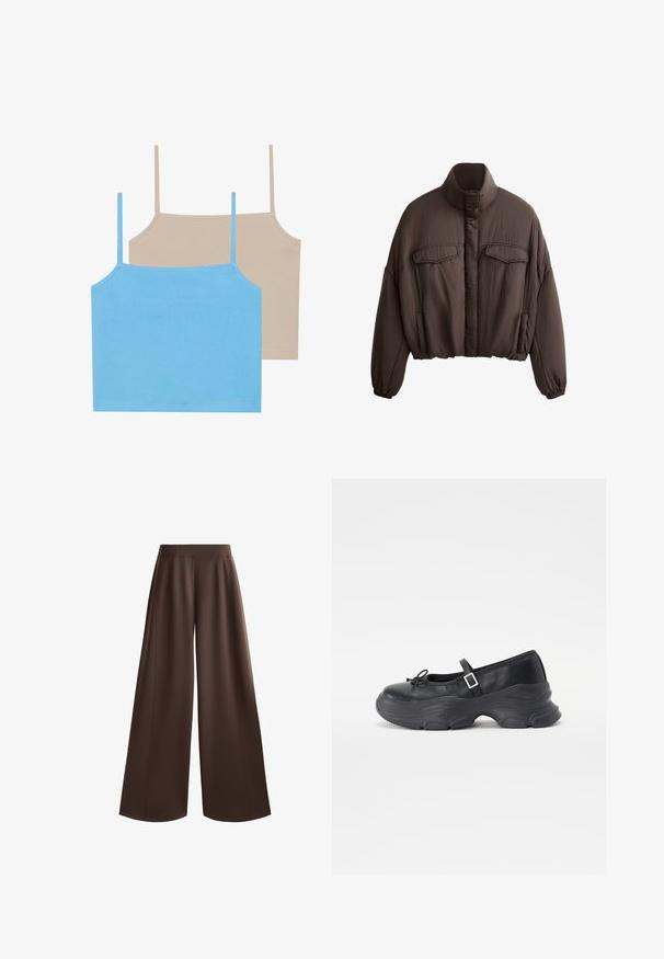 Braune cropped Jacke mit hohem Kragen, strukturiertem Stoff, zwei Fronttaschen und elastischen Bündchen für eine enge Passform. Reines Design mit minimalen Akzenten.; Even&Odd 2 PACK - Top - azure blue/simply taupe; Weite Hosen in einem einfarbigen Dunkelbraun, mit einer glatten Textur, hoher Taille und vorderen Falten für zusätzliche Design-Details.; Schwarze Leder-Mary-Jane-Schuhe mit einer abgerundeten Zehenpartie, Schleifendetail und verstellbarem Knöchelriemen. Mit einer stabilen Gummisohle mit geschwungenen Akzenten.