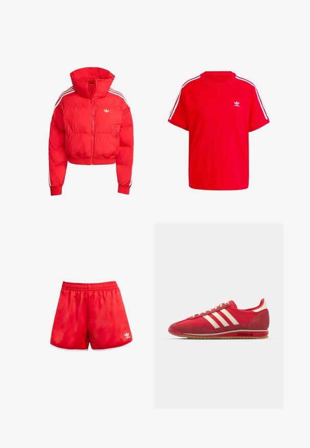 Červená péřová bunda s vysokým límcem, zkráceným střihovým designem, předním zipem, bílými postranními pruhy a logem na hrudi. Vyrobena z lehkého materiálu.; Červené bavlněné tričko s kulatým výstřihem, krátkými rukávy, bílými třemi pruhy na ramenou a malým bílým logem na hrudi.; Červené sportovní šortky s elastickým pasem, bílým lemem na okraji a jemným leskem. Na spodní levé straně je bílé logo Adidas.; Červená sportovní teniska s texturovaným svrchním materiálem, třemi bílými pruhy, kulatou špičkou a gumovou podrážkou s logem na boku.