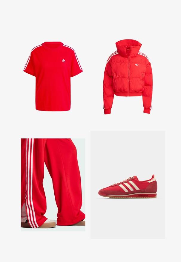 Punainen puhvitakki, jossa on korkea kaulus, lyhyt malli, edessä vetoketju, valkoiset sivusuorat ja logo rinnassa. Valmistettu kevyestä materiaalista.; Punainen puuvillapaita, jossa on pyöreä kaula-aukko, lyhyet hihat, valkoiset kolmonauhat korostukset olkapäillä sekä pieni valkoinen logo rinnassa.; Punaiset trainarit, joissa on valkoiset raidat sivuilla, löysällä istuvuudella ja vetoketjuyksityiskohdalla helman kohdalla. Käytetään vaaleansävyisten urheiluken-kien kanssa.; Punainen urheilukenkä, jossa on teksturoitu yläosa, kolme valkoista raitaa, pyöreä kärki ja kumipohja, jossa on logoyksityiskohtia sivulla.