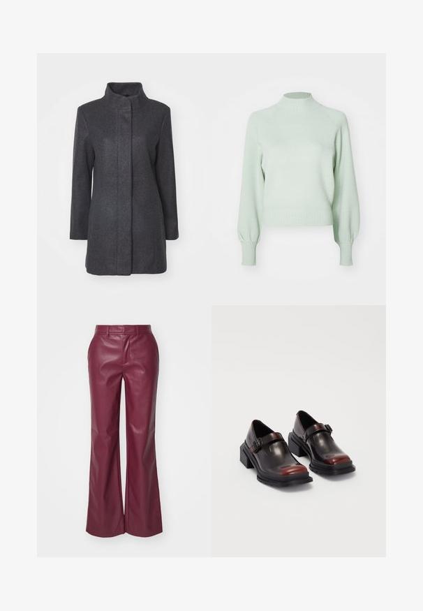 Huisgrijze wollen jas met een hoge kraag, lange mouwen en een rechte snit. Kenmerkt zich door een schone, minimalistische uitstraling zonder zichtbare sluitingen.; ONLY ONLFRIDA LIFE LS HIGHNECK - Trui - aqua gray; Bordeaux leren uitlopende broeken met een gladde textuur, riemlussen en zijzakken; getailleerde pasvorm met een hoge taille.; Leren blokhak schoenen met een glanzende donkerburgundy afwerking, voorzien van een gespstrap en een rond neusstuk. Getextureerde zool voor grip.