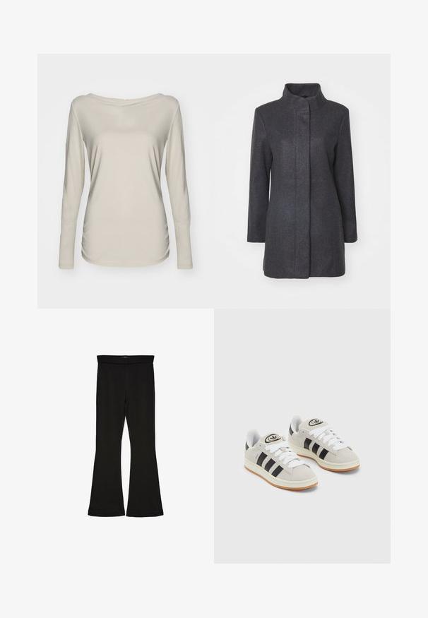 Kolsvart ullkappa med hög krage, långa ärmar och rak passform. Har en ren, minimalistisk design utan synliga knäppningar.; Långärmad beige topp med bred båturringning, tillverkad av lätt tyg med en mjuk textur och en figurnära passform.; Svarta flare leggings tillverkade av elastisk tyg. Har en bred midja och en slät yta, med en åtsittande silhuett som flares vid fållen.; Grå mocka sneakers med vita snören, svarta ränder och en vit gummisula. Har en rund logo på tungan och en gummisula.