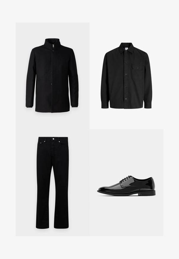 Juodas paltas, pagamintas iš lygios tekstūros audinio. Yra aukšta apykaklė, priekiniai mygtukai ir šoniniai kišenės. Paprastas, elegantiškas dizainas.; Juodas ilgarankovis marškiniai su apykakle ir viena krūtinės kišenė su mygtukiniu dangteliu.; Juodi džinsai su tiesiu labu, turintys penkis kišenes, mygtukų užsegimą ir sidabro spalvos detales. Skaidrus tekstūra.; Juodas lakinės odos suknelės bateliai su apvaliu priekiu, su raišteliais ir lygiu, blizgiu paviršiumi. Turi žemą guminį padas.