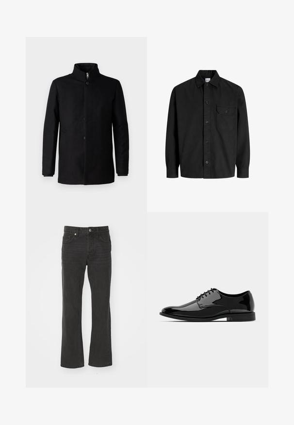 Crni kaput izrađen od tkanine s glatkom teksturom. Ima visoki ovratnik, prednje dugmadi i bočne džepove. Jednostavan, pojednostavljen dizajn.; Crna košulja dugih rukava s gumbima, ovratnikom i jednim džepom na prsima s preklopom na gumbu.; Crne jeansice ravnog kroja od denima s klasičnim dizajnom pet džepova i metalnim hardverom. Glatka tekstura s blagim rastezljivim efektom.; Crne lakirane kožne cipele s okruglim vrhom, s vezicama i glatkom, sjajnom površinom. Imaju nisku gumenu potplat.