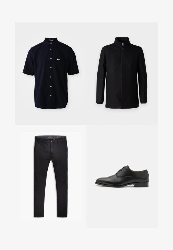 Zwarte jas gemaakt van stof met een gladde textuur. Voorzien van een hoge kraag, knopen aan de voorkant en zijzakken. Eenvoudig, gestroomlijnd ontwerp.; Donkerblauwe korte mouwen knoopsluiting shirt van lichtgewicht stof. Bevat een klassieke kraag, een opgestikte zak en witte knopen.; Zwarte katoenen chinos met een taps toelopende pasvorm, voorzien van vijf zakken, riemlussen en een gladde textuur. Ritssluiting met een knoopsluiting.; Zwarte leren dresschoen met een gladde afwerking, spitse neus en een vetersluiting met zes oogjes, voorzien van een lage hak en subtiele stikselaccenten.