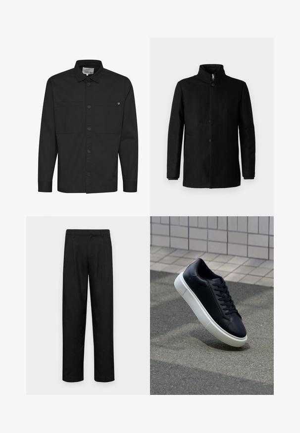 Svart frakk laget av stoff med en jevn tekstur. Har høy krage, frontknapper og sidelommer. Enkelt, strømlinjeformet design.; Svart langermet skjorte med knapping foran, to brystlommer og spiss krage. Laget av glatt stoff med matte overflate.; Sorte bukser laget av glatt stoff, med rette ben, to frontfoldninger og standard liv med beltehemper.; Sorte skinnsneakers med rund tå og hvit gummisåle. Har flate lisser og minimal søm på overdelen. Strukturert såle for grep.