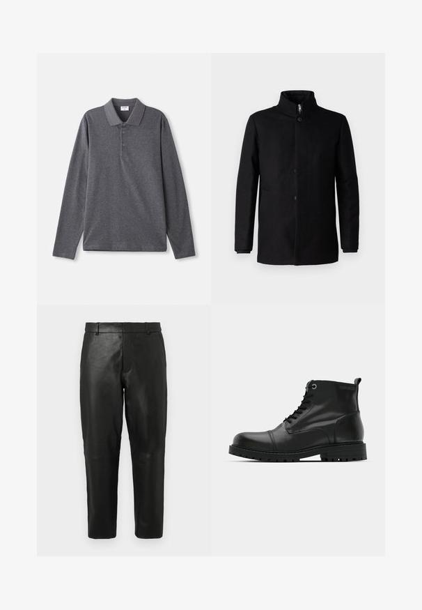 Svart kappa gjord av tyg med en mjuk textur. Har en hög krage, framknappar och sidofickor. Enkel, strömlinjeformad design.; Långärmad polo shirt i mörkgrå bomull, med en klassisk krage, tre-knappars placket och en avslappnad passform. Slät textur.; Svarta läderbyxor med rak benform, bälteshällor och sidofickor, uppvisade mot en enkel ljus bakgrund.; Svart läderankelstövlar med rund tå, snördesign, kontrasterande grå öglor och robust sula av gummi. Slät textur med minimala accenter.