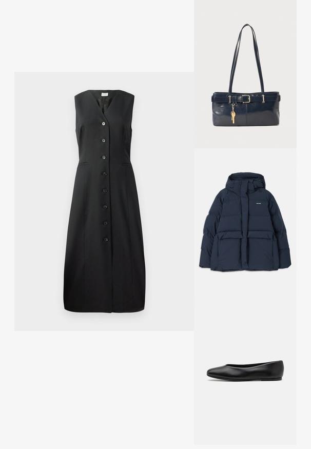 Námořnická modrá péřová bunda s kapucí, která má dvě přední kapsy, zipové zapínání a strukturované prošívané části. Lehké provedení.; Černé bezrukávové šaty s výstřihem do V, sedmi knoflíky vpředu a dvěma bočními kapsami; hladká tkanina a přiléhavý střih.; Paul Smith TOPANGA - Klasické baleríny  - black; Námořnická kožená kabelka s dvěma dlouhými uchy, detaily s přezkou a připevněným klíčenkou. Vyznačuje se hladkým povrchem a obdélníkovým tvarem.