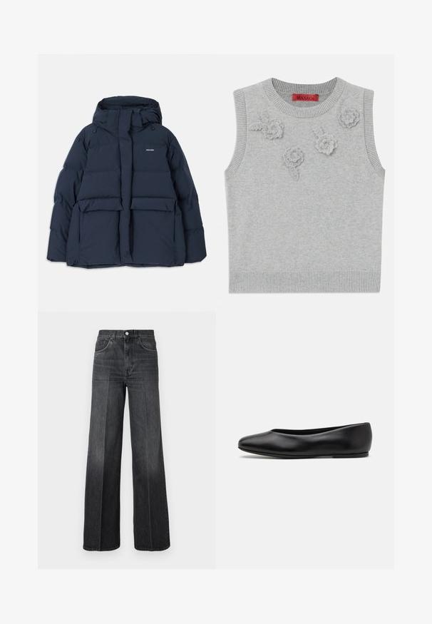 Marineblauwe pufferjack met capuchon, voorzien van twee voorzakken, een ritssluiting en gestructureerde quiltsecties. Lichtgewicht ontwerp.; Lichtgrijze mouwloze trui met een geribbelde halslijn en zoom. Bevat drie textuurrijke bloemapplicaties op de voorkant. Merklabel: MAX&Co.; Wijdvallende jeans van donkergrijs denim, met een hoge taille, riemlussen en een klassiek vijf-pocketdesign. Subtiele vervaging aan de voorkant.; Paul Smith TOPANGA - Ballerina's - black