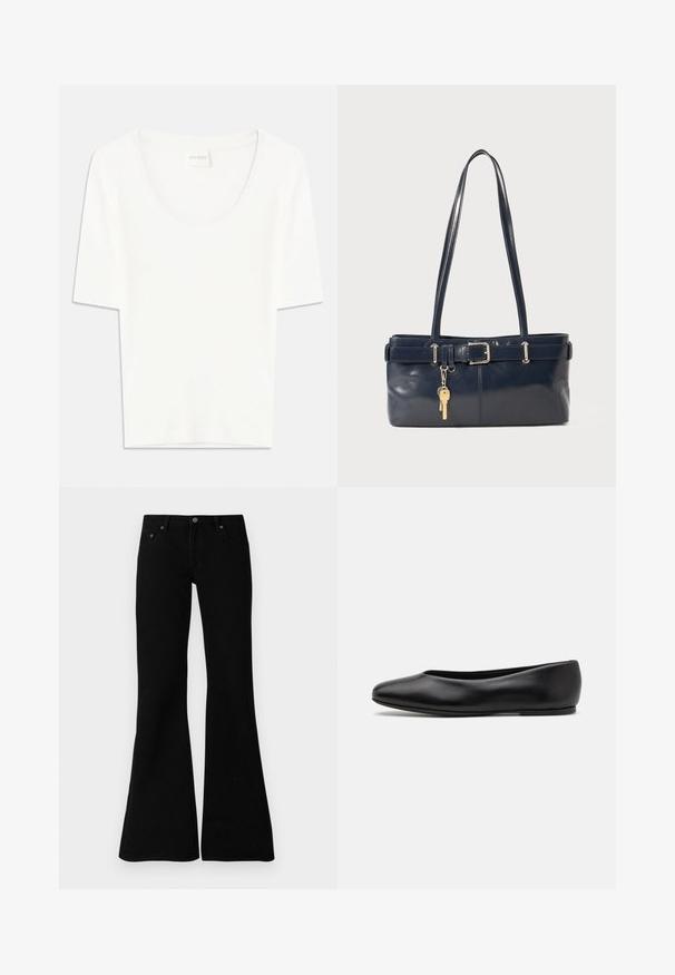 Granatowa kurtka puchowa z kapturem, z dwoma przednimi kieszeniami, zamkiem błyskawicznym oraz teksturowanymi pikowanymi sekcjami. Lekka konstrukcja.; Biała koszulka z krótkim rękawem o okrągłym dekolcie. Wykonana z miękkiej bawełny, charakteryzuje się luźnym krojem i minimalistycznym wzornictwem.; Czarne dzwonowe dżinsy wykonane z denimu, z klasycznym pięcio-kieszeniowym fasonem, zapięciem na guzik oraz subtelnymi detalami wzdłuż szwów.; Paul Smith TOPANGA czarny; Granatowa skórzana torebka z dwoma długimi uchwytami, detalem w postaci klamry oraz dołączonym breloczkiem. Charakteryzuje się gładką teksturą i prostokątnym kształtem.