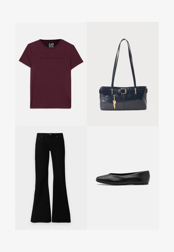 Casaco tipo puffer azul marinho com capuz, apresentando dois bolsos frontais, fecho com zip e secções acolchoadas texturizadas. Design leve.; T-shirt de algodão bordeaux com mangas curtas, decote redondo e logótipo bordado EA7 Emporio Armani na frente. Corte clássico.; Saias de ganga pretas, estilo flare, com um design clássico de cinco bolsos, fecho de botão e detalhes de costura sutis ao longo das costuras.; Paul Smith TOPANGA - Sabrinas - black; Bolsa de couro azul-marinho com duas alças longas, um detalhe de fivela e um porta-chaves anexado. Apresenta uma textura suave e uma forma retangular.