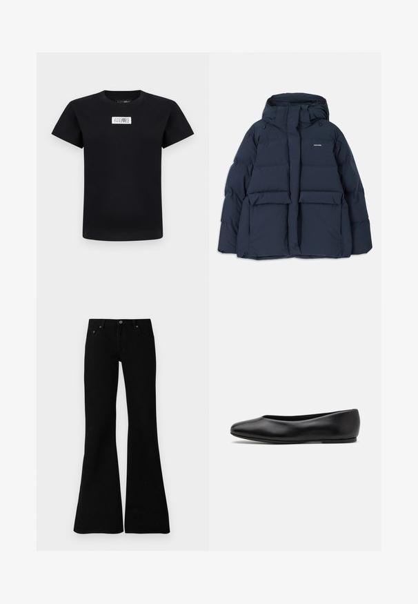 Granatowa kurtka puchowa z kapturem, z dwoma przednimi kieszeniami, zamkiem błyskawicznym oraz teksturowanymi pikowanymi sekcjami. Lekka konstrukcja.; Czarna koszulka z krótkim rękawem z białą prostokątną naszywką na piersi z czarnymi cyframi ułożonymi w rzędach.; Czarne dzwonowe dżinsy wykonane z denimu, z klasycznym pięcio-kieszeniowym fasonem, zapięciem na guzik oraz subtelnymi detalami wzdłuż szwów.; Paul Smith TOPANGA czarny