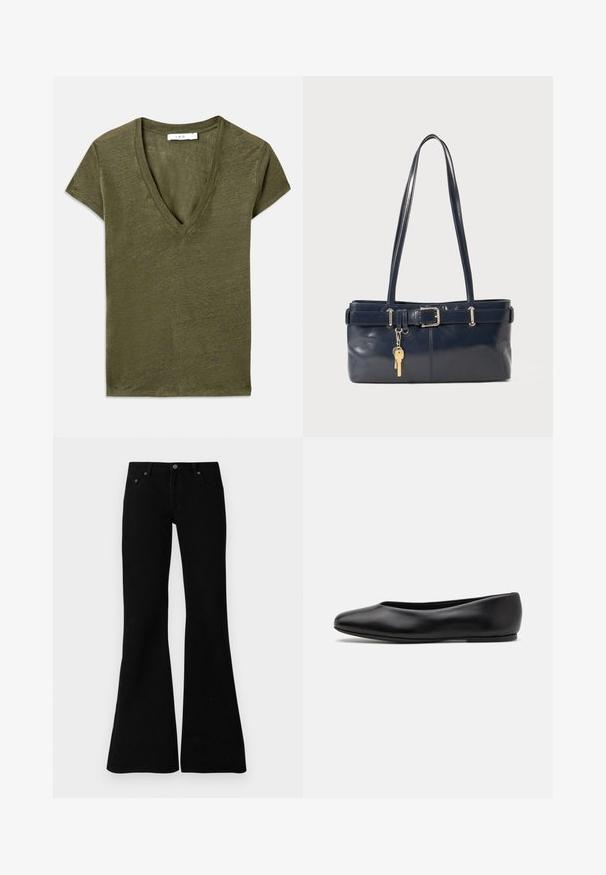Laivastonsininen puhvitakki huppulla, jossa on kaksi etutaskua, vetoketjukiinnitys ja teksturoitu peitelty rakenne. Kevyt malli.; Oliivivärinen V-paitakuosisella t-paidalla on lyhyet hihat, se on valmistettu pehmeästä materiaalista ja siinä on rento istuvuus sekä hienovarainen heather-väri.; Musta leveälahkeinen farkut, jotka on valmistettu denimistä, ominaisuuksina klassinen viidentaskujen muotoilu, nappisulku ja hienovaraiset ompeluyksityiskohdat saumoissa.; Paul Smith TOPANGA - Ballerinat - black; La handbagin sininen nahka, jossa on kaksi pitkää kahvaa, Buckle-yksityiskohta ja avaimenperä kiinnitettynä. Sen pinta on sileä ja muoto on suorakulmainen.