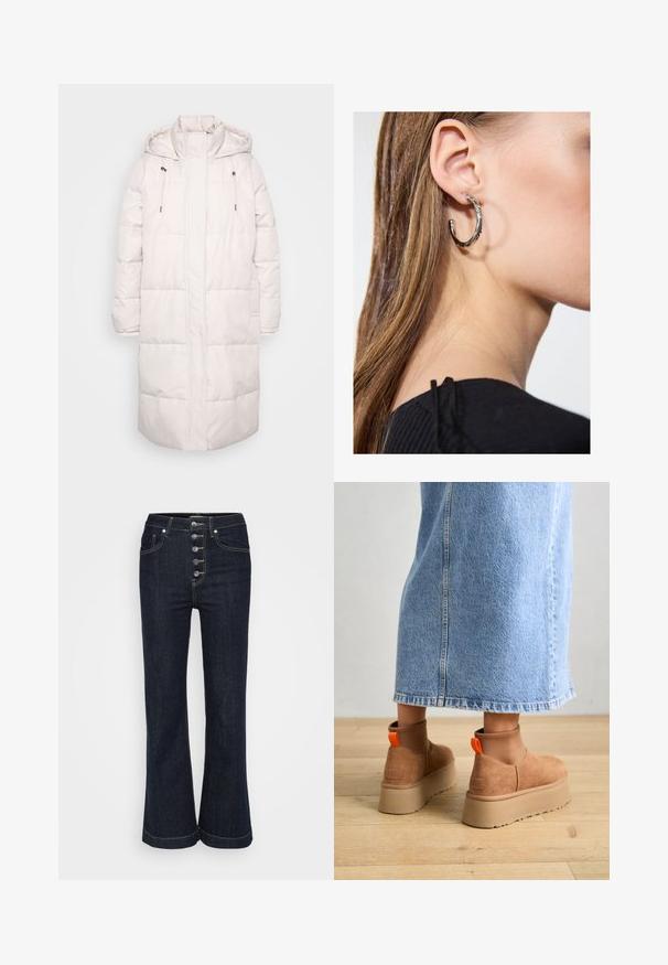 Garšs gaiši rozā šūtā ziemas apmetnis ar kapuci, augstu apkakli, saistēm un priekšējo rāvējslēdzēju.; Balta cropped džemperis, izgatavots no mīksta materiāla, ar apaļu kakla izgriezumu un garām, nedaudz pārāk lielām piedurknēm ar ribotām maliņām.; Tumši zilas augsta vidukļa zvīņotas džinsa bikses ar pieciem sudraba pogām priekšpusē un kontrastējošu šuvju apdari ap kabatām un šuvēm.; Brūni zamšādas platforma zābaki ar elastīgiem sānu paneļiem un oranžām cilpām, apvienoti ar līdz ceļgaliem garu gaišā denima svārku uz koka grīdas.; Sudraba auskars ar pulētu apdari, ar maziem zelta akcentiem un apaļu formu, uz ausu ļipiņas.