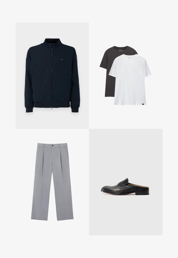 Námořnická bomber bunda s vysokým límcem, předním zipem a bočními kapsami. Má žebrované manžety a lem, s malým logem na hrudi.; Dvě trička s regular fit: jedno černé a jedno bílé, vyrobená z měkké bavlny. Každé má kulatý výstřih a krátké rukávy, bez vzorů.; Šedé skládací kalhoty s volným střihem, vyrobené z lehkého materiálu. Obsahují přední kapsy a knoflíkovou uzávěrku v pase.; Černá kožená slip-on obuv s kulatou špičkou, nízkým blokovým podpatkem a předním páskem. Hladký povrch s jemným logem na pásku.
