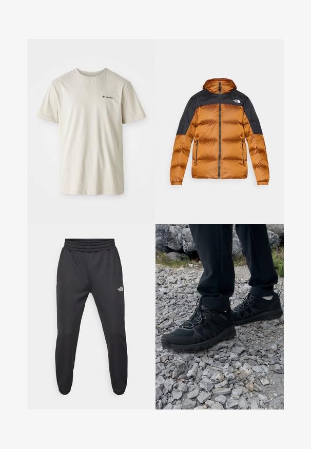 Giacca a vento imbottita in arancio ruggine e nero, con zip frontale, cappuccio, texture trapuntata e tasche laterali doppie. Logo sul lato sinistro del petto.; T-shirt in cotone beige con maniche corte, collo rotondo e un piccolo logo nero sull'area sinistra del petto. Tessuto liscio e senza decorazioni.; Pantaloni sportivi neri con vita regolabile tramitecordino, vestibilità affusolata, polsini elasticizzati e un piccolo logo bianco sulla coscia sinistra, realizzati in tessuto morbido.; Scarpe da esterni nere realizzate in mesh e materiale sintetico, con una parte superiore testurizzata, un sistema di allacciatura sicuro e una suola robusta, su terreno roccioso.