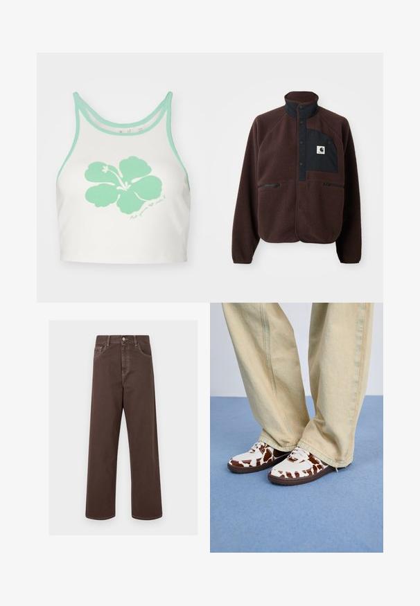 Mørkebrun fleecejakke med høy krage, svart knappestolpe, glidelåslommer og svart brystpatch med hvit logo.; Hvit crop top med mintgrønn kant og en stor mintgrønn hibiskusblomstgrafikk på forsiden, med en håndskrevet tekstdetalj under.; Brune vide ben bukser i denim med kontrasterende syninger, fem lommer og metalknaplukning. Glat tekstur, lige snit.; Hvite og brune mønstrede joggesko med mesh og lær, med brune gummislipper. Kombinert med lyse beige vide bukser.