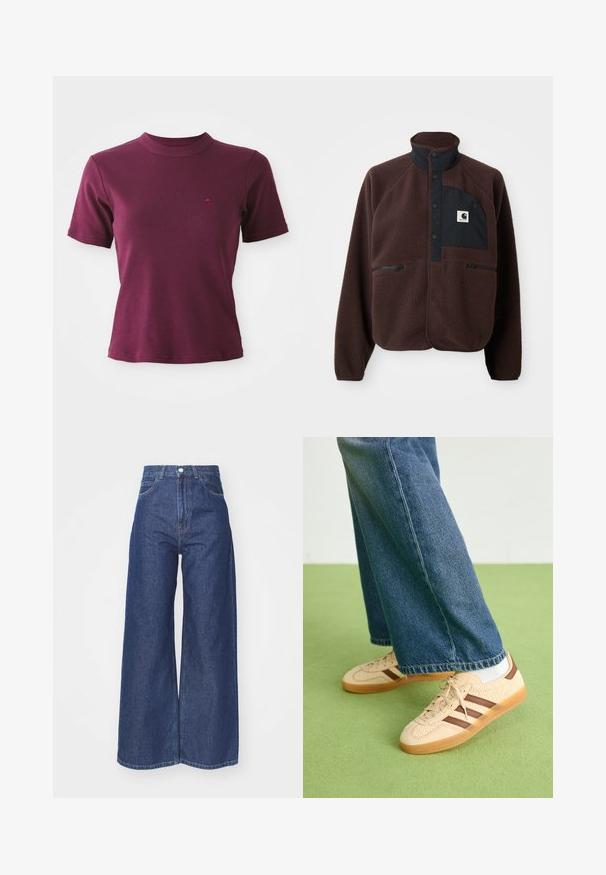 Giacca in pile marrone scuro con colletto alto, pattino con bottoni neri, tasche con zip e toppa sul petto nera con logo bianco.; T-shirt a maniche corte in cotone ribbed color bordeaux con colletto rotondo e un leggero logo ricamato sul lato sinistro del petto.; Jeans a gamba larga in denim blu scuro. Design a vita alta con chiusura a zip e bottone. Presenta uno stile classico a cinque tasche e bordi orlati.; Sneakers beige con pannelli texturizzati crema e strisce marroni, abbinati a jeans in denim blu. I jeans hanno un taglio largo e orlo sfilacciato.