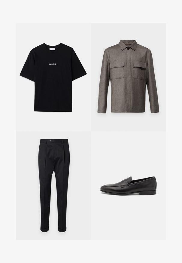 LARDINI GIACCA CAMICIA UOMO - Chaqueta de entretiempo - black/white; Camiseta negra de manga corta hecha de algodón, con un cuello redondo y un logo impreso en blanco "LARDINI" en el pecho. Diseño simple y sin adornos.; Pantalones negros de tejido suave, con un pliegue en la parte delantera, cierre de botón y puños enrollados en el tobillo.; Mocasín negro de cuero para hombres con un tacón bajo y un diseño clásico de cinta para monedas, mostrado en perfil lateral sobre un fondo blanco.