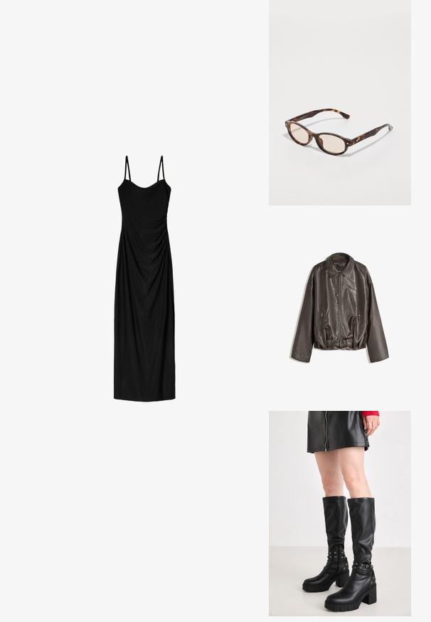 Hnědá kožená bunda s hladkou strukturou, oversized střihem, límcem, zipovými kapsami a páskem v pase pro dodatečný detail.; Černé midi šaty s tenkými nastavitelnémi ramínky, s draped designem a hladkou texturou. Žádné viditelné vzory nebo ozdoby.; Černé kozačky ke kolenům vyrobené z hladké syntetické kůže s robustní platformou, se sponou a ocelovými kroužky kolem kotníku.; Sluneční brýle ve tvaru zakulacené skořápky s lehkými čočkami. Mají robustní nohy se zlacenými akcenty, vyrobené z plastového materiálu.; Černá kožená kabelka přes rameno s kulatým tvarem, lesklým povrchem a stříbrnými kovovými prvky. Osoba v černých širokých kalhotách a s ozdobenými mokasíny.