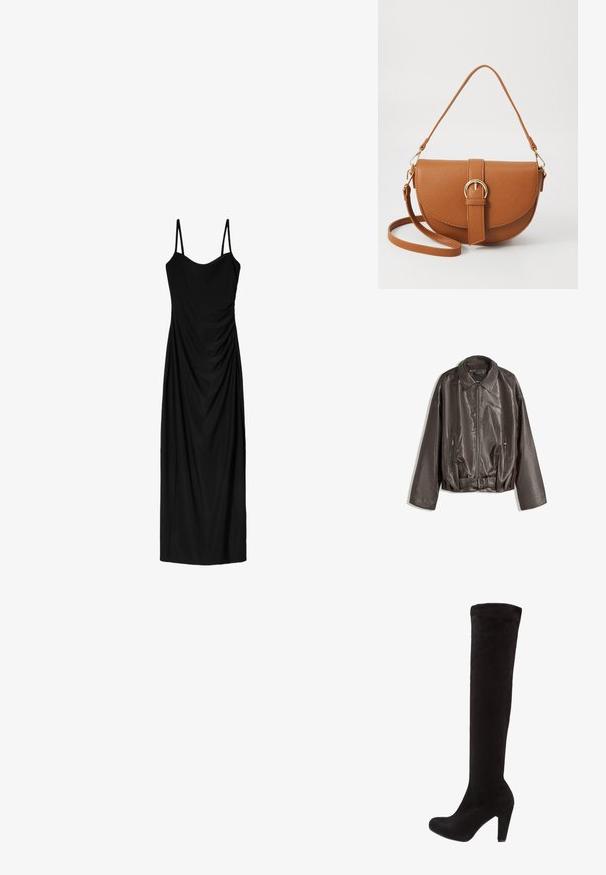 Brown leather jacket with a smooth texture, oversized fit, collar, zippered pockets, and a belted waist for added detail.; Black midi dress with thin adjustable straps, featuring a draped design and smooth texture. No visible patterns or embellishments.; Black over-the-knee boots made of soft suede, featuring a fitted design and a high, chunky heel. Smooth texture with minimal hardware.; Brown leather crossbody bag with a curved shape, gold hardware, and a buckle accent. Features a detachable shoulder strap.