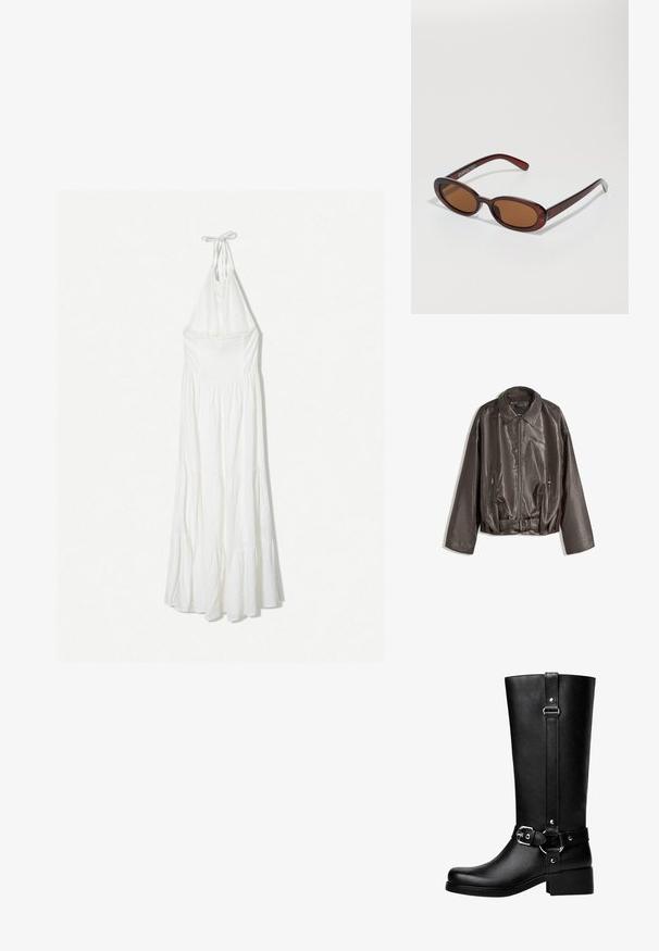 Ruskea nahkatakki, jossa on sileä pinta, ylisuuri mitoitus, kaulus, vetoketjulliset taskut ja vyöllä varustettu vyötärö lisäyksenä.; Valkoinen halterneck-maksimekko, jossa on smokkbodice, kerroksellinen hame ja kevyt kangas, sopii lämpimän sään käyttöön.; Pitkät mustat keinonahkabootsit, joissa on pyöreä kärki, vyösolkiyksityiskohta ja iso korko. Suora pinta ja pystysauma varressa.; Pyöreät, ruskehtavat aurinkolasit, joissa on kiiltävä burgundinpunainen runko. Kapeat sivut, joissa on hienovarainen brändäys. Litteät linssit.; Ruskean kudottu nahkainen käsilaukku, jolla on löysä, kolmiomainen muoto. Varustettu punotulla kahvalla ja vetoketjukiinnityksellä ylhäällä.