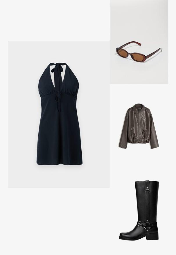 Brązowa skórzana kurtka o gładkiej fakturze, luźnym kroju, kołnierzu, kieszeniach na zamek oraz pasku w talii dla dodania szczegółów.; Ciemnoniebieska sukienka na ramiączkach z głębokim dekoltem, marszczoną talią oraz wiązaniami pod szyją i w talii. Gładki materiał o swobodnym kroju.; Wysokie czarne buty z faux skóry, z okrągłym noskiem, detalem klamry na pasku oraz grubym obcasem. Gładka tekstura i pionowa szew na cholewie.; Okrągłe, brązowe okulary przeciwsłoneczne z błyszczącą bordową oprawą. Cienkie ramiona z subtelnym detalem marki. Płaski kształt soczewek.; Brązowa torebka skórzana pleciona o luźnym, trójkątnym kształcie. Posiada pleciony uchwyt i zamek błyskawiczny na górze.