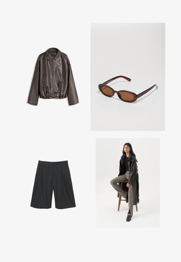 Barna bőrkabát sima textúrával, oversized fazonnal, gallérral, cipzáras zsebekkel és övvel a részletek fokozására.; Világos rózsaszín hosszú ujjú ing, fehér függőleges csíkokkal és azonos mintájú nyakkendővel. Sima textúra, gombos gallér és mandzsettával ellátott ujjak.; Sötétszürke csíkos rövidnadrág sima anyagból, testre simuló derékkal, redőkkel és térd alatti hosszal. Nincsenek látható zsebek vagy díszítések.; Fekete bőr trench coat, gombokkal és öv részletekkel, világosbarna, testhez simuló nadrággal és fekete loaferekkel párosítva, fa bárszéken ülve.; Kerek, barna árnyalatú napszemüveg fényes burgundi kerettel. Karcsú karok diszkrét márkázással. Lapos lencse kialakítás.; Barna és szürke műszőrme kézitáska rövid fekete fogantyúkkal, egyenesen állva egy sima fehér háttér előtt.