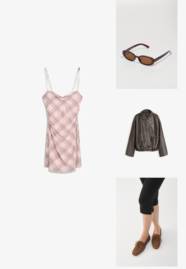 Rjava usnjena jakna z gladko teksturo, oversized kroj, ovratnik, žepi na zadrgo in pasom za dodatno detajliranje.; Tekstura, bež in rjava tkanina s potiskom vzorca kačje kože z asymetrično obliko, zasnovana za edinstven, sodoben videz.; Rožnata karirana obleka s tankimi naramnicami, ki ima zbrano telo, rahlo drapiranje na krilu in gladko teksturo tkanine.; Rjavi nubuk mokasini z zaobljenim nosom, zavezovanjem in nizkim profilom. Noseni z črnimi skrajšanimi legicami na belem ozadju.; Okrogle, rjavo obarvane sončne naočare z sijočim burgundskim okvirjem. Tanek nosilec s subtilnim logotipom. Oblika leč je ravna.; Rjava tkana usnjena torbica s sproščenim, trikotnim oblikovanjem. Ima pleten ročaj in zadrgo na vrhu.