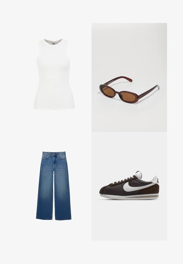 Barna bőrkabát sima textúrával, oversized fazonnal, gallérral, cipzáras zsebekkel és övvel a részletek fokozására.; WE Fashion SINGLET - Felső - white; Széles lábú, farmertből készült kék nadrág, magas derékkal, varrásokkal és egy egyszerű, enyhe koptatással.; Barna és szürke Nike sportcipők fehér részletekkel; bőr és velúr anyagok; textúrált talpak; szürke fűzők; klasszikus retró dizájn.; Kerek, barna árnyalatú napszemüveg fényes burgundi kerettel. Karcsú karok diszkrét márkázással. Lapos lencse kialakítás.; Barna szőtt bőr kézitáska, amely laza, háromszög alakú. Fonott füllel és felső cipzárral rendelkezik.