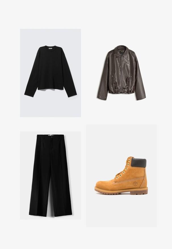 Rjava usnjena jakna z gladko teksturo, oversized kroj, ovratnik, žepi na zadrgo in pasom za dodatno detajliranje.; Črni dolg rokav, izdelan iz mehkega blaga, z okroglo ovratnico, sproščenim krojem in minimalističnim dizajnom brez vidnih vzorcev ali dodatkov.; Črne široke hlače iz lahkega materiala, z zapiranjem na gumb spredaj in ravnim sprednjim delom, s skrbno zašiti robovi.; Rjavi usnjeni gležnarji s črnim oblazinjenjem, zlatimi očesci in teksturiranim podplatom. Imajo okroglo logo na strani in šivane detajle.
