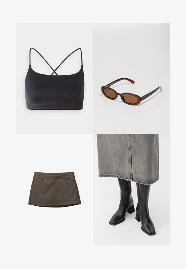 Brązowa skórzana kurtka o gładkiej fakturze, luźnym kroju, kołnierzu, kieszeniach na zamek oraz pasku w talii dla dodania szczegółów.; Czarny biustonosz braletka o gładkiej fakturze, z cienkimi ramiączkami, które krzyżują się na plecach, tworząc minimalistyczny design.; Brąskowa spódnica o dopasowanym fasonie, z paskami, dwoma przednimi kieszeniami oraz teksturowanym materiałem. Dołek jest lekko zaokrąglony.; Czarne kozaki za kolano z gładkiej skóry, o kwadratowym nosku i słupkowym obcasie. Noszone z szarym dżinsowym mini spódnicą z postrzępionym dołem.; Okrągłe, brązowe okulary przeciwsłoneczne z błyszczącą bordową oprawą. Cienkie ramiona z subtelnym detalem marki. Płaski kształt soczewek.; Czarna skórzana torebka o gładkiej fakturze, usztywnionym fasonie, podwójnych uchwytach i srebrnym zapięciu na środku.