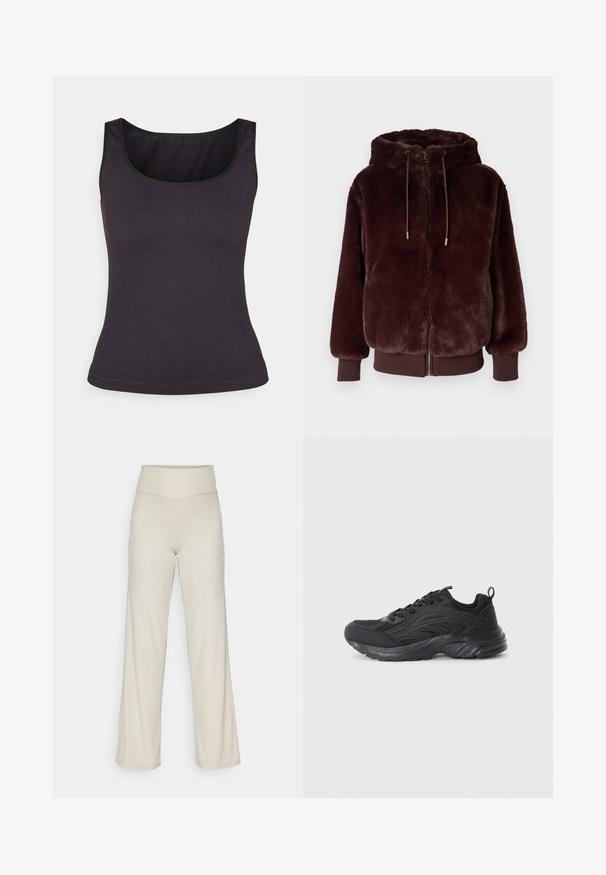 Burgundská mikina s umělou kožešinou, rozhovorem vpředu, nastavitelnými šňůrkami a žebrovanými manžetami. Měkká textura a hřejivý vzhled.; Tmavě šedý žebrovaný top s kulatým výstřihem a tenkými ramínky, nabízející přiléhavý střih a hladkou texturu.; Beige široké kalhoty s ribbed texturou, vysokým pasem a rovnými nohavicemi. Na spodním lemu mají jemný rozparek.; Černá sportovní bota s prodyšným svrškem, texturovanými detaily a polstrovanou podrážkou. Obsahuje tkaničky a zadní smyčku pro snadné obouvání.