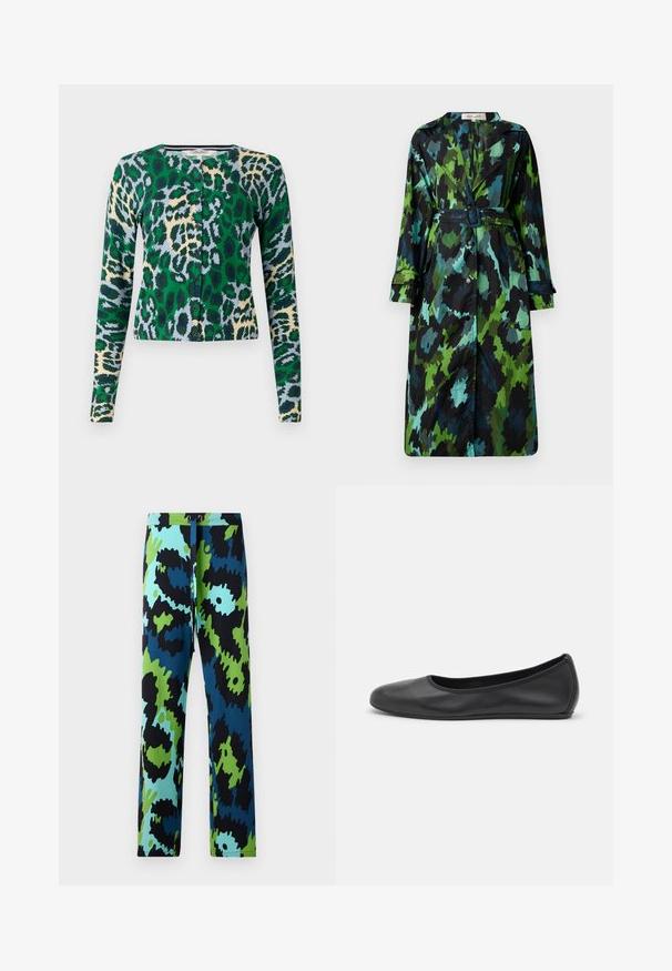 Langer, leichter Trenchcoat mit einem grün-schwarzen Tarnmuster, tailliert mit einem Gürtel, Knopfverschluss und legerer Passform mit großen Taschen.; Grüner, blauer und beiger Leopardenmuster-Cardigan, mit langen Ärmeln, Rundhalsausschnitt, sechs Knöpfen vorne, taillierte Passform, glatte Textur.; Lässige Bluse mit einem kräftigen abstrakten Druck in Blau, Grün und Schwarz. Hergestellt aus glattem Stoff mit rundem Halsausschnitt und Dreiviertelärmeln.; Bunte Hose mit einem auffälligen abstrakten Muster in Schwarz, Blau und Grün. Hergestellt aus glattem Stoff mit verstellbarem Bund.; Schwarze Leder-Ballettschuhe mit abgerundeter Spitze, glatter Textur, minimalen Nähdetails und einem flexiblen Sohlen-Design.