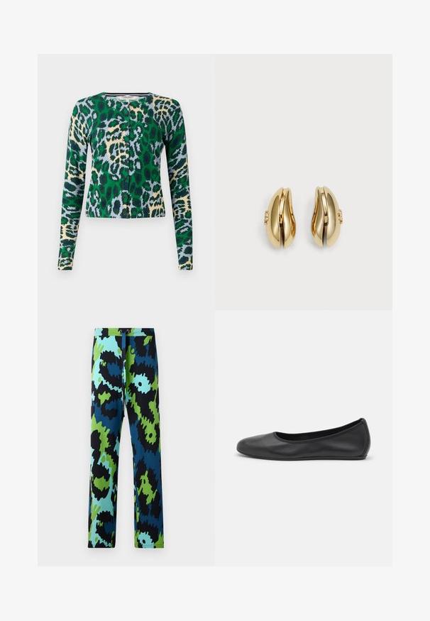 Hosszú, könnyű trench coat, zöld és fekete kamuflázs mintával, övvel a deréknál, gombos záródással és laza szabással, nagy zsebekkel.; Zöld, kék és bézs leopárdmintás kardigán, hosszú ujjak, kerek nyakkivágás, hat gomb az elején, testhezálló fazon, sima textúra.; Fekete pamut ujjatlan felső kerek nyakkivágással, széles vállpántokkal és testhezálló fazonnal. A márkajelzés fehér színben látható.; Többszínű nadrág, élénk absztrakt mintával feketével, kékkel és zölddel. Simább anyagból készült, húzózsinóros derékkal.; Fekete bőr balettcipő lekerekített orral, sima tekstúrával, minimális varrással és rugalmas talp kialakítással.; Aranyszínű fülbevalók, amelyek áramló, ívelt formájúak. Minden fülbevaló sima felülettel és egy kis kapoccsal rendelkezik, amely dekoratív részletet tartalmaz.