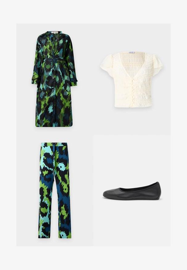 Long, lightweight trench coat featuring a green and black camo pattern, belted waist, button closure, and relaxed fit with large pockets.; Cream-colored short-sleeve top with a smocked texture, V-neck, and button closure. Lightweight fabric with subtle puff sleeves.; Multicolored pants featuring a bold abstract pattern in black, blue, and green. Made of smooth fabric with a drawstring waist.; Black leather ballet flat with a rounded toe, smooth texture, minimal stitching detail, and a flexible sole design.