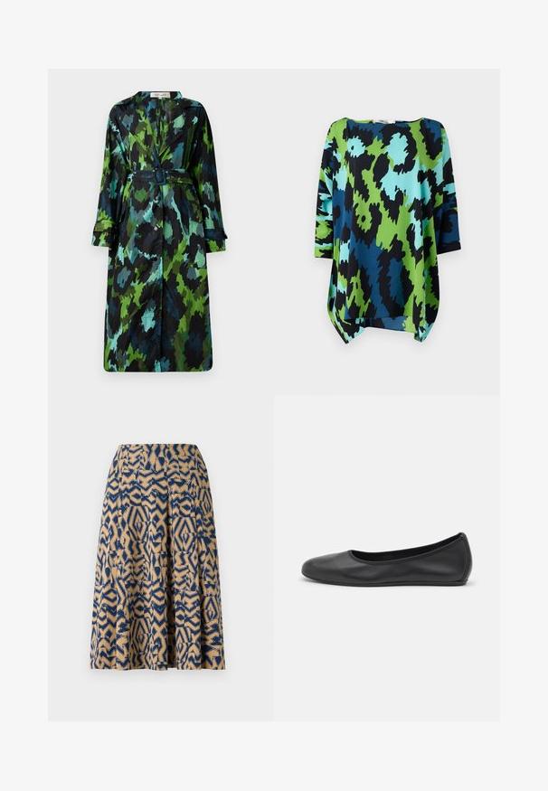 Manteau trench long et léger avec un motif camouflage vert et noir, taille ceinte, fermeture à boutons et coupe décontractée avec de grandes poches.; Blouse ample avec un imprimé abstrait audacieux en bleu, vert et noir. Fabriquée dans un tissu doux avec un col rond et des manches trois-quarts.; Une jupe jusqu'au genou avec un imprimé géométrique en bleu marine et beige, dotée de plis et d'une texture douce.; Ballerines en cuir noir avec un bout rond, texture lisse, détails de couture minimalistes et design de semelle flexible.
