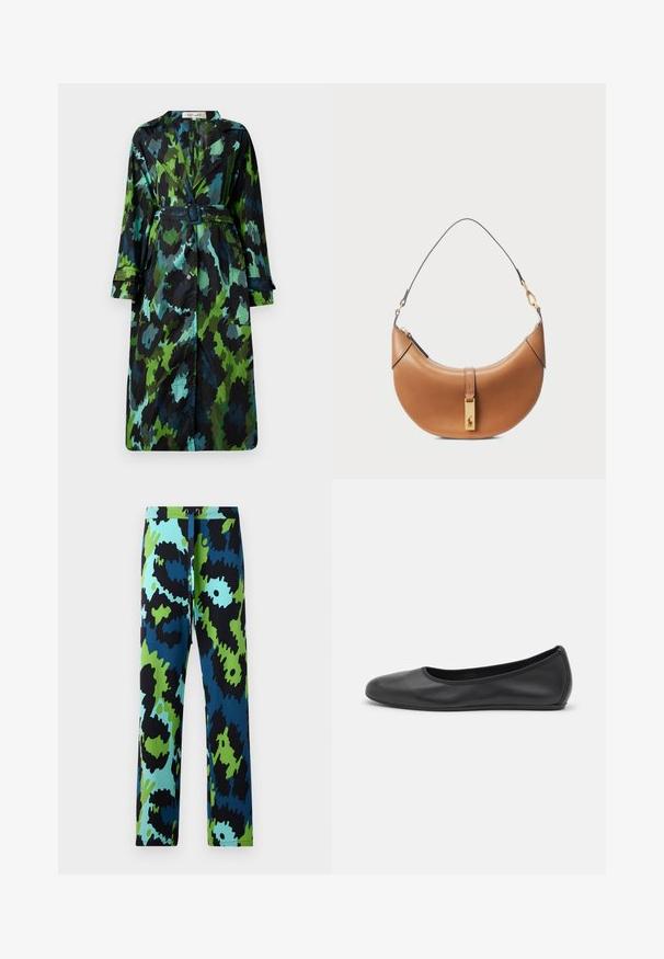 Dolg, lahk trenč plašč z zeleno in črno kamuflažno vzorcem, z naramnicami, gumbastim zapiranjem in sproščenim prilegom ter velikimi žepi.; Ohlapna bluza z drzno abstraktno malbo v modri, zeleni in črni barvi. Narejena iz gladkega materiala, z zaobljenim ovratnikom in rokavi do komolca.; Večbarvne hlače z drznim abstraktnim vzorcem v črni, modri in zeleni barvi. Narejene iz gladkega blaga z vrvico za prilagajanje pasu.; Črne usnjene balerinke z zaobljenim nosom, gladko teksturo, minimalnimi šivi in fleksibilno zasnovo podplata.; Torbica iz rjavega usnja s ukrivljeno obliko, z zlatimi dodatki in tankim naramnim trakom. Ima zadrgo za zapiranje in detajl logotipa na sprednji strani.